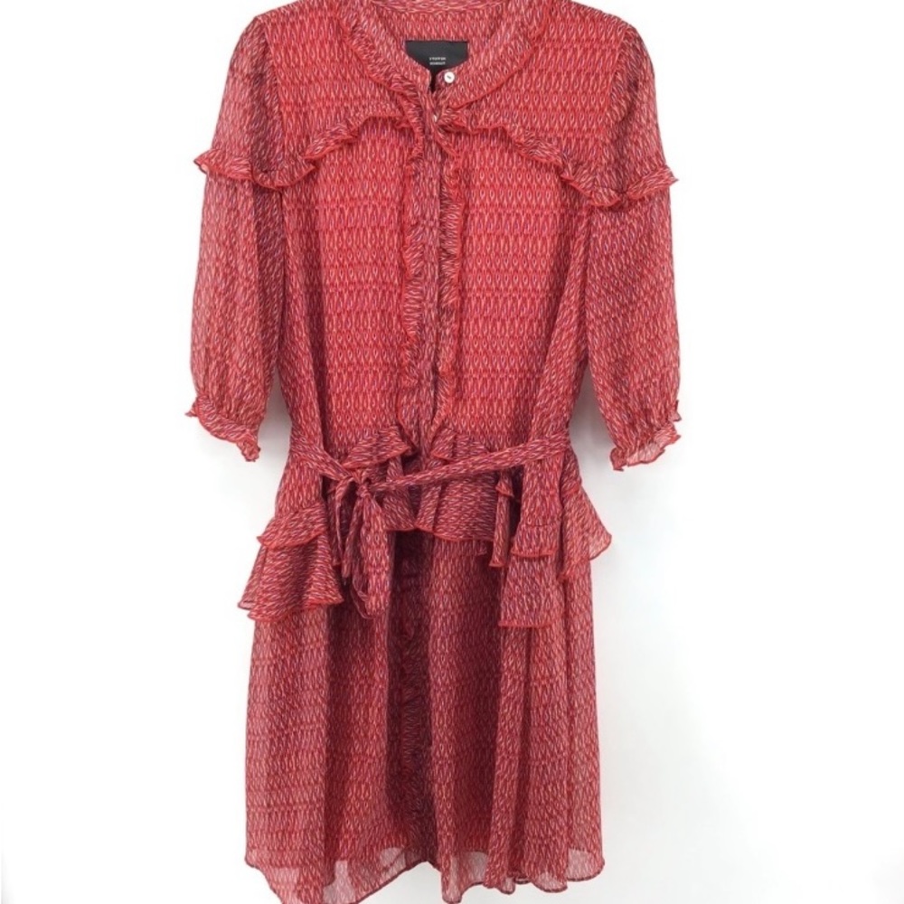 STEFFEN SCHRAUT Red Flounce Dress Button Front Tie Waist